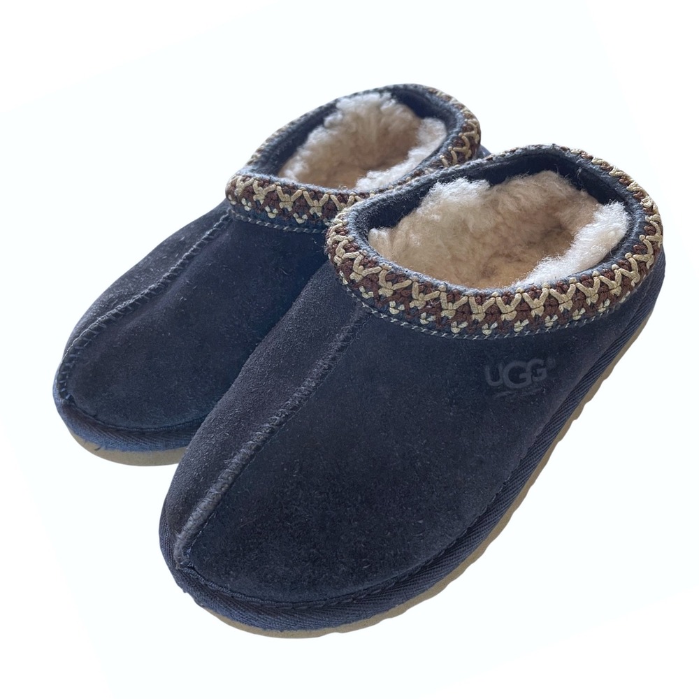 UGG Tasman Slipper Kids Size 1 Navy Blue Suede Sheepskin Lined Clog 1019066K